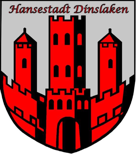 Wappen der Hansestadt Dinslaken mit roten Türmen auf silbernem Hintergrund.